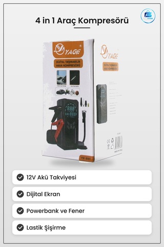 Araç Kompresörü 4 İn 1 Akü Takviyeli 12v Dijital Ekranlı Lastik Ş
