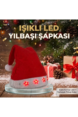 Led Işıklı Noel Baba Şapkası Kırmızı Beyaz Peluş, Yıldız Işıklı Yılbaşı Parti Aksesuarı - 9005143003056