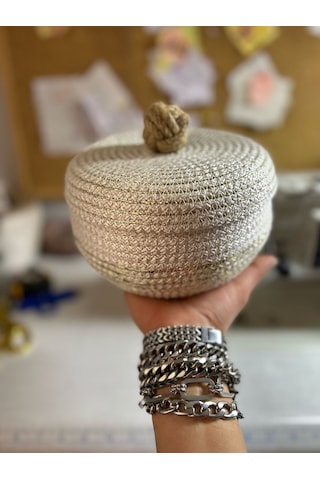 Hasır Sepet, Kapaklı Dekoratif Sepet, Çok Amaçlı Kutu, Ekru Şekerlik Sepeti