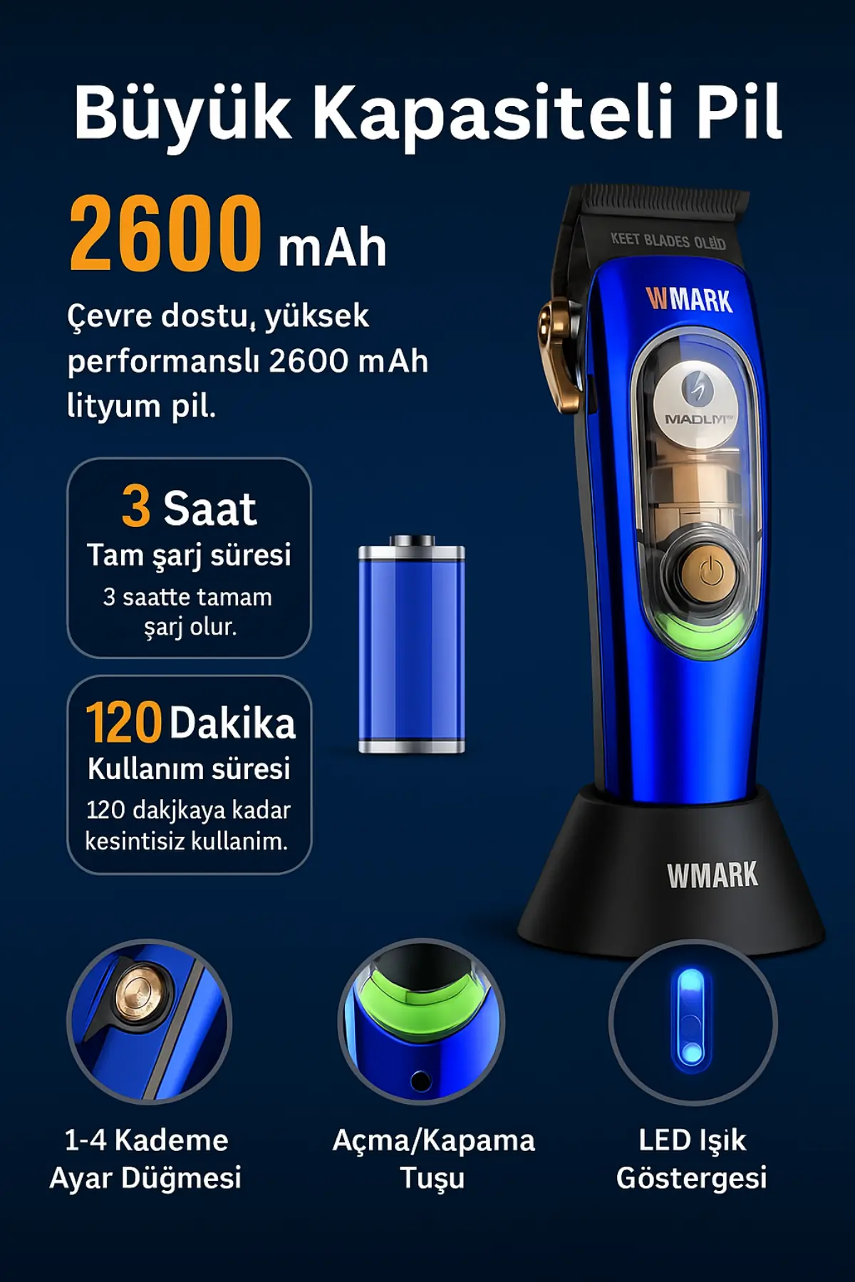 Wmark Ng-9004 Şarjlı Saç Kesme Makinesi Maglev Motor 3 - 4 Saat