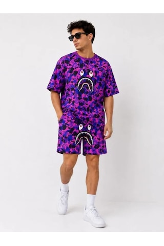 Efnaz Style Erkek Oversize Kalıp Pubg Bape X Shark Nakışlı Cepli Şort Takım - Mor
