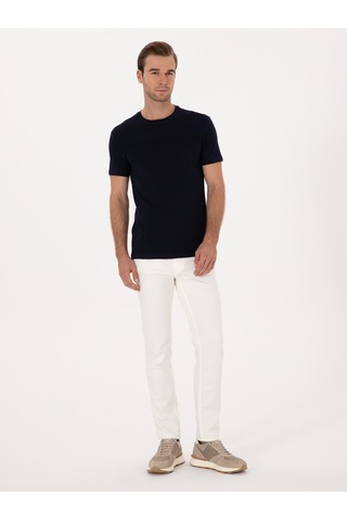 Lacivert Slim Fit %100 Pamuk Bisiklet Yaka Şerit Detaylı T-shirt
