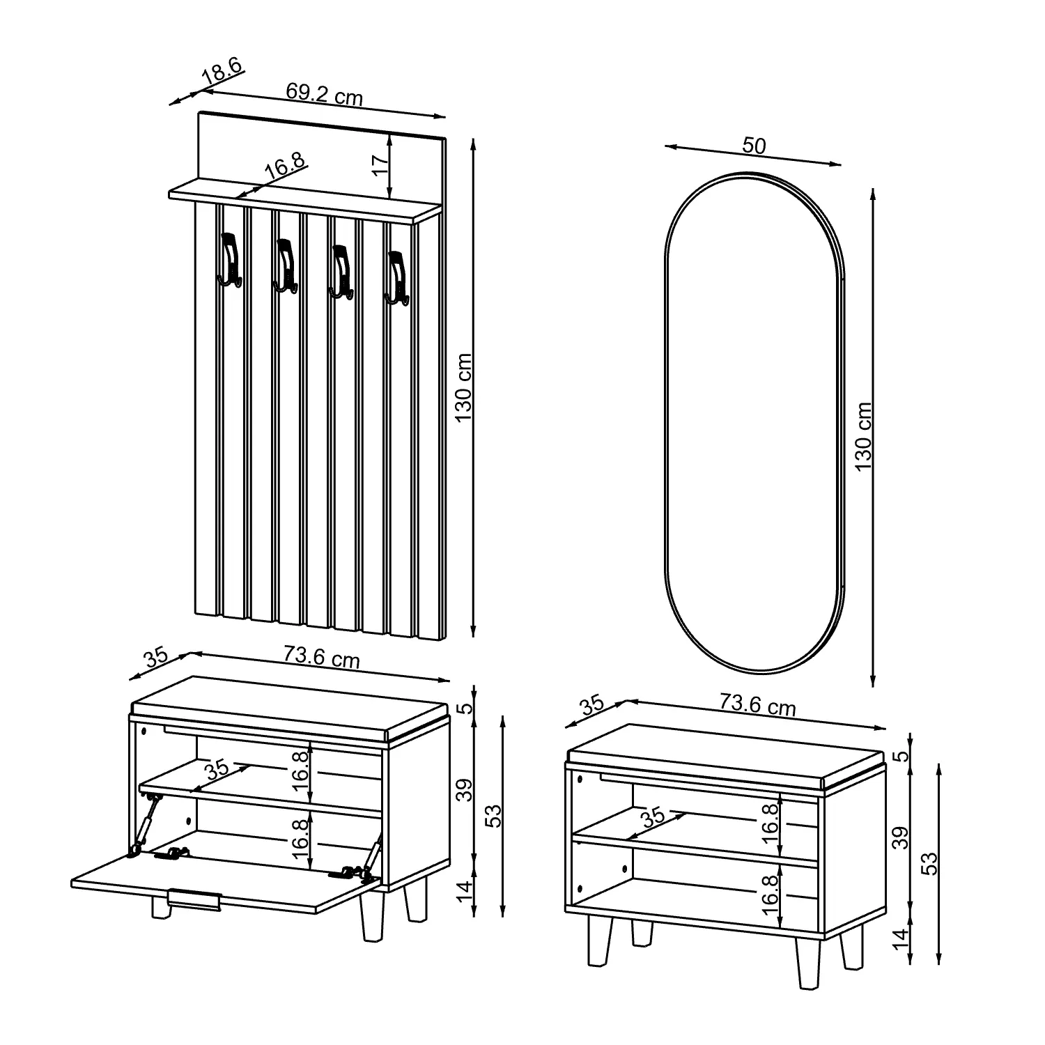 Nord Vestiyer Takımı Kapaklı Ve Kapaksız Bench,lambri Askılıklı, Modüler, Oval Aynalı Portmanto Takımı Beyaz