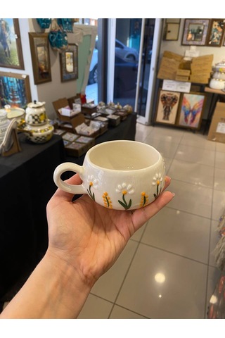 Seramik El Yapımı Fincan Takımı 2'li Set Dal Papatya Desenli Beyaz - Sarı