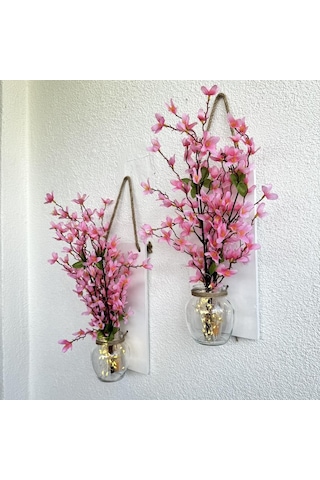 Led Işıklı, Pembe Sakura Çiçekli Duvar Dekoru Beyaz İkili Set