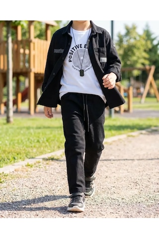 %100 Pamuk Bayramlık Erkek Çocuk Kombin Takım Gömlek, Baskılı Tişört Ve Pantalon 3 Lü Şık Set Siyah
