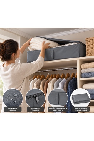 Gri Kumaş Saklama Hurcu 69x55x19 Cm Dolap İçi Düzenleyici Büyük Boy Kıyafet Ve Battaniye Organizer