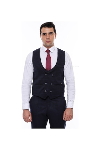 Wessi Kruvaze Kareli Desenli Yakalı Lacivert Erkek Yelek 001