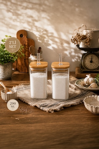 Porsima Cubes 2'li Bambu Kapaklı Borosilikat Cam Yağlık Ve Baharatlık Seti 290 Ml 6x10 Cm