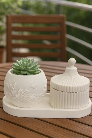 Kapaklı Kutu & Desenli Saksı / Kalemlik / Fırçalık 3 Li Dekoratif Set - Beyaz
