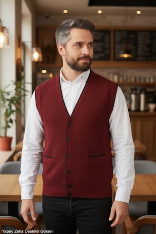 Kamalı Bordo Erkek V Yaka Triko Düğmeli Cepli Çizgi Desenli Regular Fit Tüylenmeyen Örgü Yelek Bordo