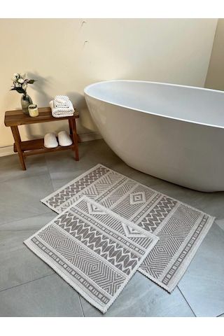 Marina Doğal Pamuklu 2'li Banyo Paspas & Halı Seti 60x100+50x60 Cm - Taş Taş