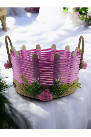 Makyaj Organizer Hasır Sepet Takı Kutusu Komidin Üstü Çok Amaçlı El Yapımı Pembe