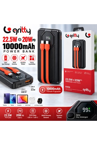 Dx06 10000mah 22.5w + 20w Pd Hızlı Şarj Powerbank Siyah