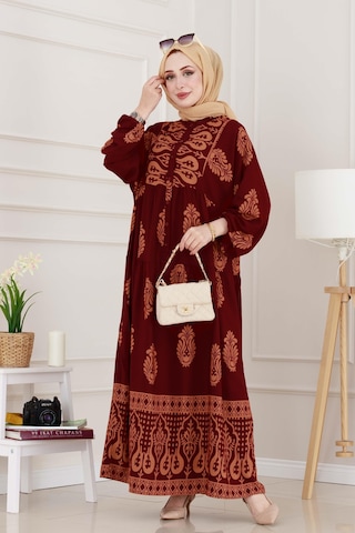 Sevitli Yarım Düğmeli Robalı Amine Elbise-bordo-4942