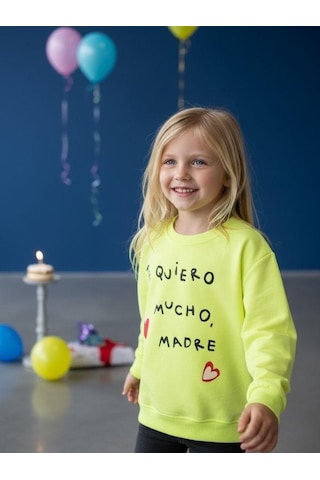 Kız Çocuk Yazılı Neon Renk İnce Sweatshirt-16593 Yeşil