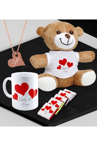 Kişiye Özel Sevgili Peluş Ayı Kupa Madlen Çikolata Ve Rose Kalp Kolye Set - 90