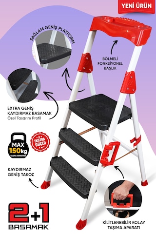 Ze Zigana Ev Gereçleri Elegance 2+1 Geniş Basamaklı Kolay Taşıma Aparatlı Merdiven