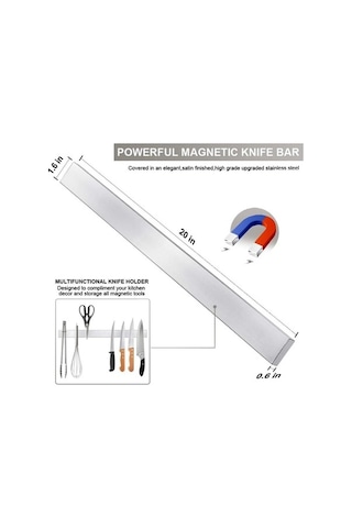 Pazly 20 İnç Paslanmaz Çelik Manyetik Bıçak Şeridi, Duvara Monte Mutfak Bıçakları Barı Gümüş