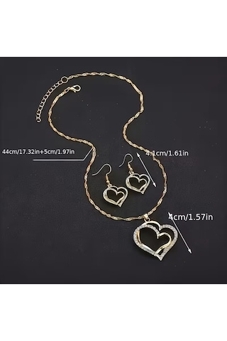 Moda My Love 2li Kalp Bileklik, Kolye, Küpe Set, Sevgililer Günü Altın