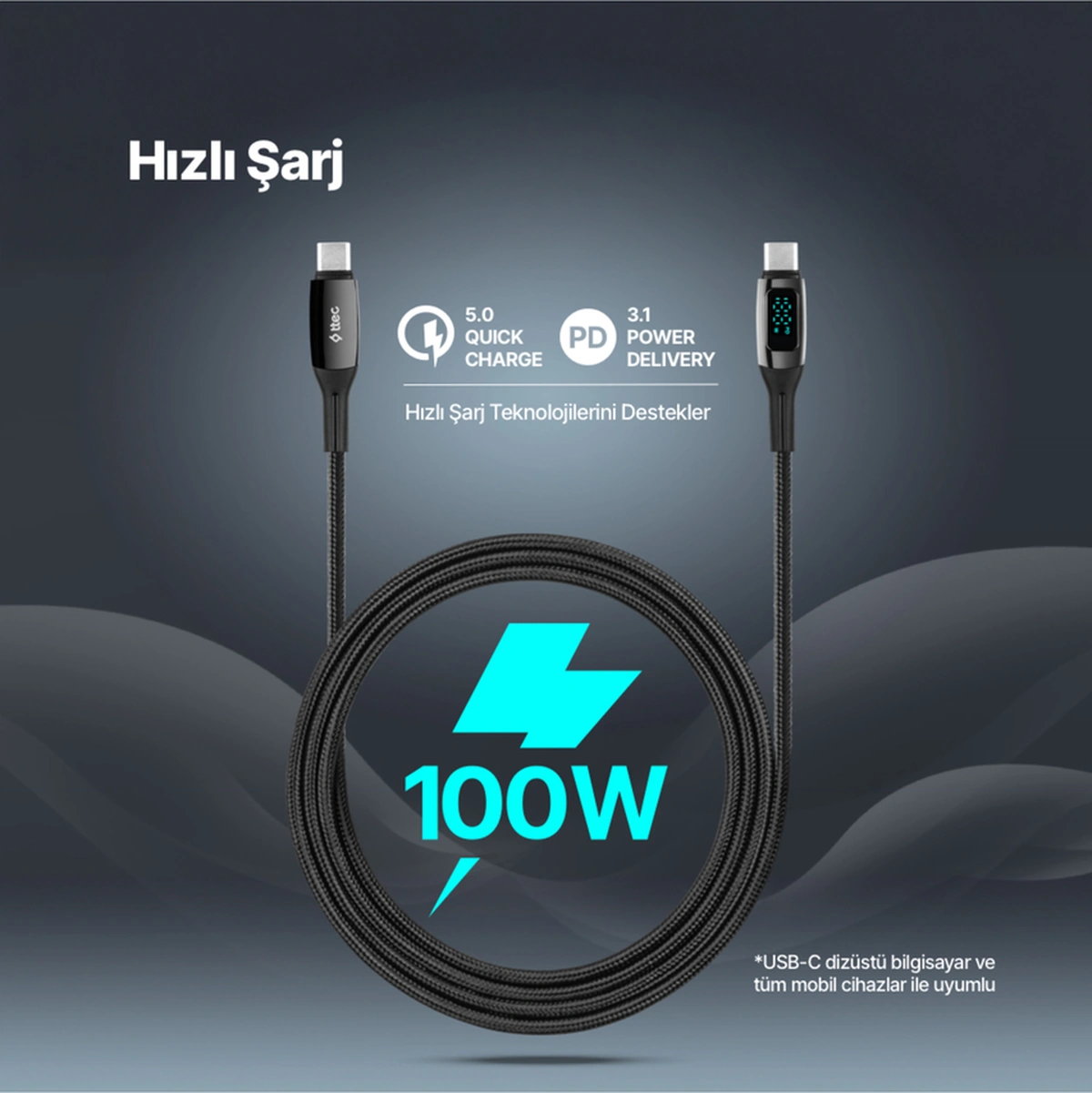 Alumicable Lcd Usb-c Usb-c 100w Pd/qc 150cm Hızlı Şarj/data Kablosu ,siyah