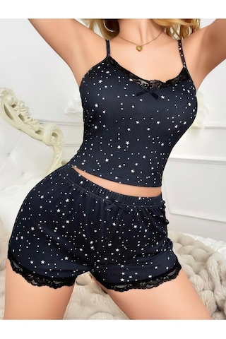 Findit Yıldız Desenli Askılı Şortlu Pijama Takımı Siyah