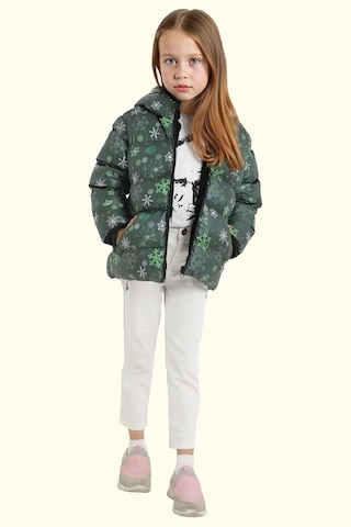 Kız Çocuk Pusula Desen Polar Su Ve Rüzgar Geçirmez Kapüşonlu Şişme Kışlık Mont Yeşil