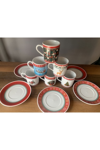 Yeni Yıl-noel Karışık Model 12 Parça 6 Kişilik Porselen Türk Kahvesi Fincan Takımı Çok Renkli
