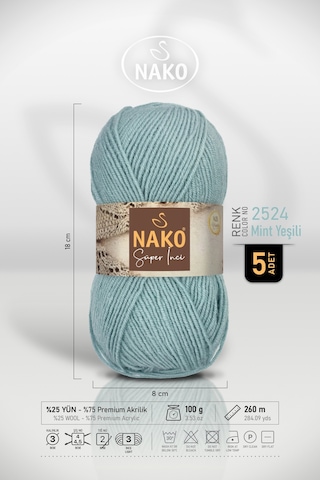 Süper İnci - 2524 Mint - 5'li Paket - 100gr/260m - El Örgü İpi - Atkı Yelek Kazak İpi