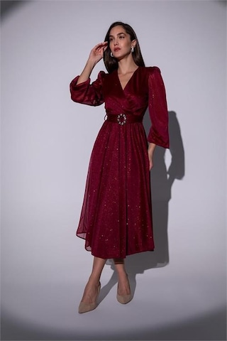 Neşeli Butik Kadın Kemerli Kruvaze Yaka Simli Gece Elbisesi Nbmy3590 Bordo