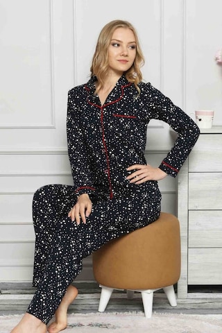 Farya Home Dreamy Yıldız Desenli Biyeli Gömlek Pijama Takımı Lacivert