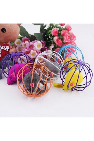 Renkli Metal Kafesli Peluş Fareli Kedi Köpek Oyuncağı Oyun Topu 6 Cm 5468