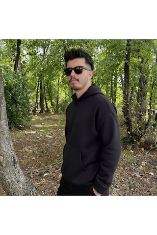 Erkek 3 İplik Basic Oversize Geniş Kesim Kanguru Cepli Kapüşonlu Sweatshirt SIYAH