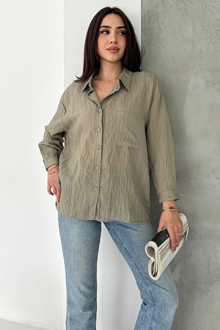 Sim Detaylı Kırışık Görünüm Oversize Gömlek Breeze haki