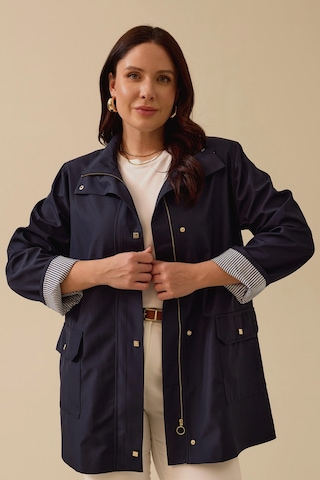 Kadın Büyük Beden Şerit Astarlı Cepli Trençkot - Lacivert Lacivert