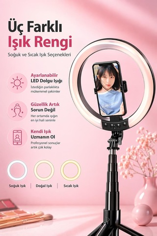 Rgb Halka Işık Uzun Tripod Selfie Çubuğu 1.9m-1200 Mah Şarjlı Kumandalı Ring Light Telefon Tutucu