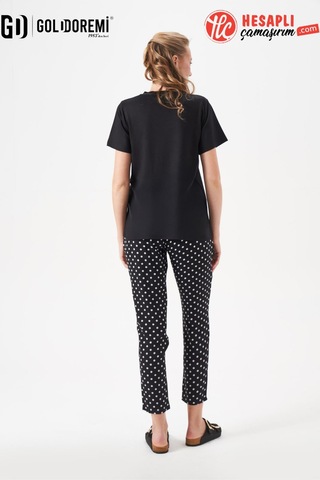 Gd Goldoremi 29149 Premium Kadın V Yaka Rahat Kesim Puantiyeli Kısa Kollu Pijama Takım Siyah