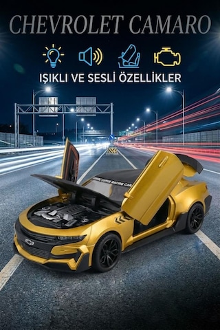 Işıklı Sesli Pilli 1:24 Ölçekli Metal Chevrolet Camaro Kapısı Kaputu Ve Bagajı Açılan Model Araba Sarı