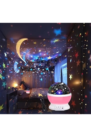 360 Dönen Yıldızlı Gökyüzü Projektör Gece Lambası Çocuk Odası Gece Lambası Usb Bağlantılı Renk Değiştiren Atmosfer Işığı Mavi/pembe/mor - Renk: Pembe