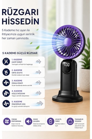 Exenar - Siyah - Şarjlı El Fanı 5 Kademeli Telefon Standlı Mini Vantilatör 300mah 180 Katlanabilir El Tipi Fan