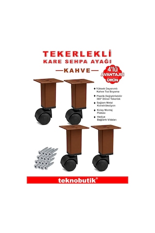 4 Adet 15cm Boy Kahve Kare Plastik Tekerlekli Mobilya Sehpa Ayağı Beyaz