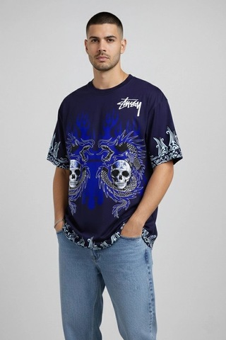 Barlashive Erkek Oversize Tişört Dragon Kuru Kafa Baskılı Bisiklet Yaka T-shirt - Lacivert Çok Renkli