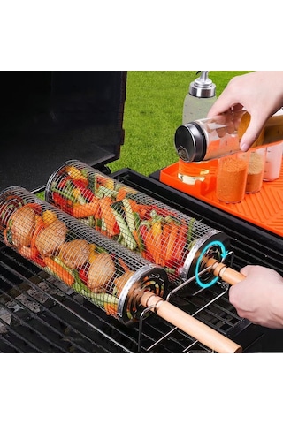 Yükseltme Flip-top Kapaklı Barbekü Kafesi Paslanmaz Çelik Tekerlekli Izgara Sepeti Ahşap Saplı Küçük Çok Renkli