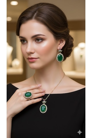 Otantik Zirkon Yeşil Taşlı Oval Set Bronz