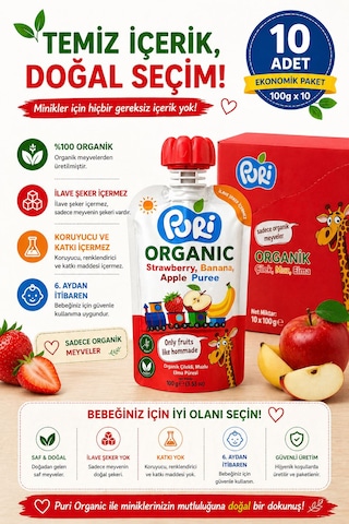 Organic Çilekli, Muzlu Elma Püresi 100 G x 10 %100 Organik İlave Şekersiz 10'lu Paket