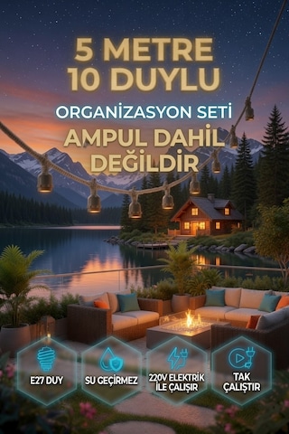 5 Metre 10 Duy Organizasyon Seti E27 Su Geçirmez 220v Bahçe Teras Festoon Ampulsüz Dış Mekan Işık Zinciri Siyah