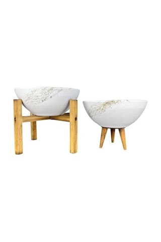 Beyaz Gold Mermer Efektli 20 Cm Çapında 3-4 Ayaklı İkili Bitki Saksı