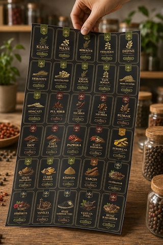 57 Çeşit Premium Baharat Etiketi Seti Suya Dayanıklı Folyo Kavanoz Sticker Siyah