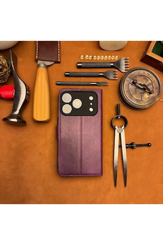 Bideri Patara Apple iPhone Uyumlu 17 Pro Hakiki Deri Cüzdan Kılıf Mor