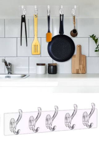 Buffer 5'li Güçlü Yapışkanlı Şeffaf Duvar Askısı Banyo Mutfak Düzenleyici Pratik Askılık Diğer